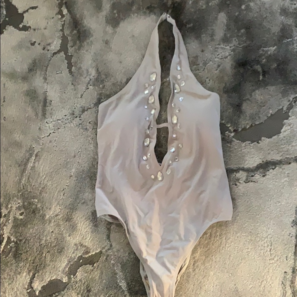 Spiegel Dove gray jeweled halter swimsuit